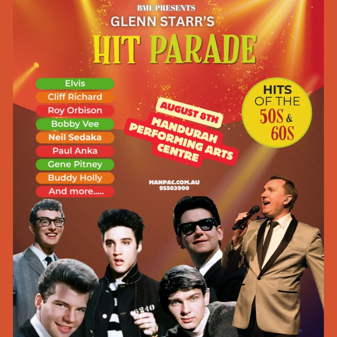 Promotional poster for Glenn Starr’s Hit Parade featuring photos of famous 50s and 60s singers, event details for August 8th at Mandurah Performing Arts Centre, and a list of featured artists.