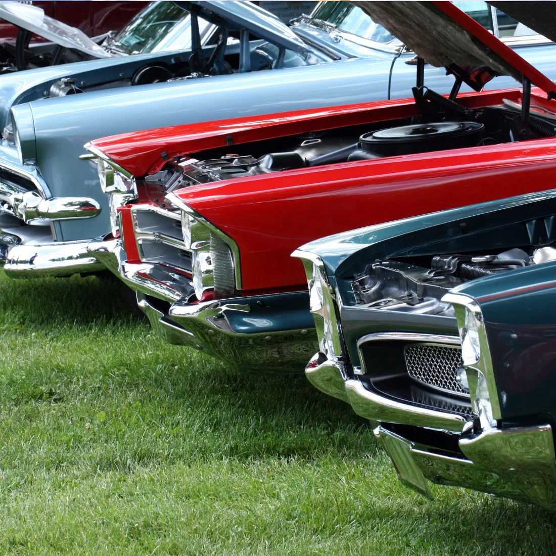A row of classic cars parked on grass, with their hoods open to display the engines. The cars are different colors, including blue, red, and green, and feature shiny chrome detailing.