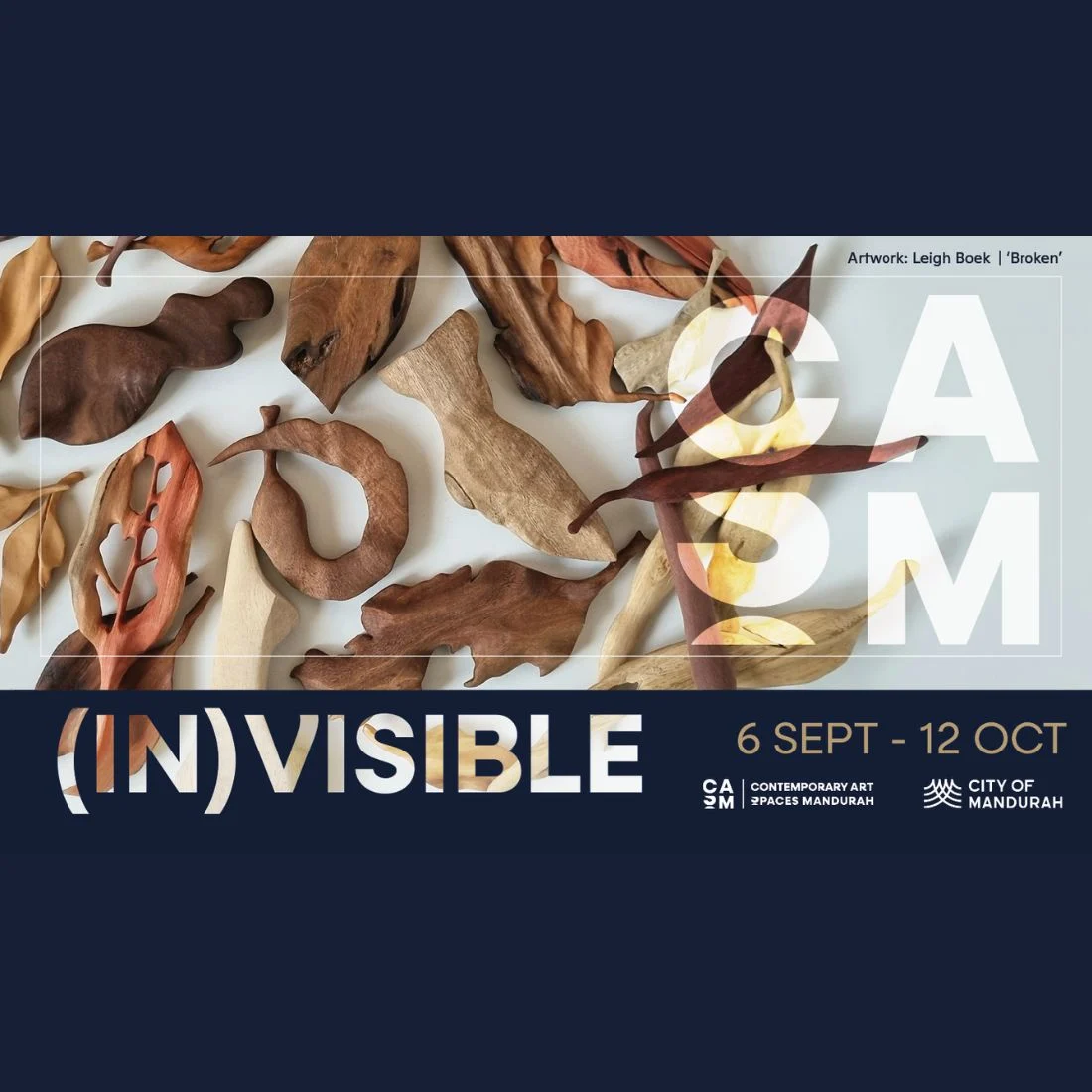 A promotional poster for the art exhibition (IN)VISIBLE features an arrangement of various dried leaves and natural forms on a light background, with event details and logos at the bottom. Exhibition dates: 6 Sept – 12 Oct.
